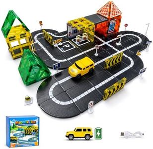 Creotownia 98-Piece Magnetic Tiles Building & Road Set for Kids, Includes Sensor-Guided Car that Follows Road Lines + Traffic Signs,STEM Montessori Building Toy for Boys & Girls Ages 4–12