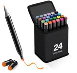 Mizzo Dual Tip Colorful Art Markers Sketch Pens 24 Color with Carrying Case for Painting Sketching Calligraphy Drawing - Twin Head Permanent Colouring Marker Pens for Kids Adult (24)