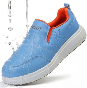 OKVOOT Slip-On Waterproof Non-Slip Wide Width Shoes for Women with Arch Support, Oil Resistant Lightweight Work Sneakers for Kitchen, Restaurant, Chefs, Food Service & Nursing Staff(Blue-41.5)