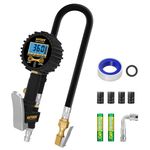 AUTDER Digital Tire Pressure Gauge with Inflator, 250 PSI Heavy Duty Air Chuck and Compressor Accessories, Solid Brass Hardware, 0.1 Display Resolution, Car Accessories, Black