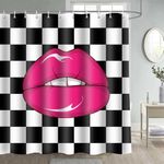 Pink Lips Shower Curtain Sexy Lips Art Black and White Checkered Background Makeup Fashion Lip Biting Woman Sexy Kiss Bathroom Curtain for Bathroom Accessories Bathtub Curtain 48x72in YLSHGD271