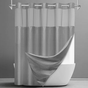SORTTO No Hook Shower Curtain with Snap in Liner Set Waffle Shower Curtain for Bathroom Hotel Style Fabric Waterproof Inner Liner,71" W x 74" H, Grey