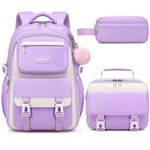 Makukke School Backpack for Girls Book Bag Set, School Bag for Teens Girls Kid Children Elementary Middle School Student, Waterproof Purple Backpack