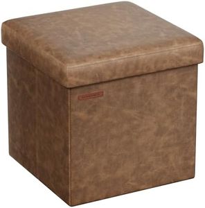 SONGMICS Pouf de 38 cm, Banc de Rangement Pliable avec Couvercle, Repose-Pieds Cube, Surface en PU, Capacité de Charge de 300 kg, pour Entrée, Salon, Chambre à Coucher, Marron Café LSF010K01