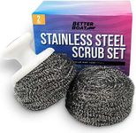 Stainless Steel Scrubber Set Steel Wool Scrubber Marine Grade Scouring Pads & Brush Handle, Heavy Duty Cleaning Supplies, Kitchen Cleaner, Dishes, Teak Wood Outdoor Furniture, Metal Tough Cleaning