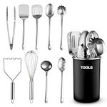 Stainless-Steel Kitchen Utensil Set - 10-piece premium Nonstick & Heat Resistant Kitchen Gadgets, Turner, Spaghetti Server, Ladle, Serving Spoons, Whisk, Tongs, Potato Masher and Utensil Holder