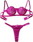 Lilosy Sexy Eyelash Underwire Floral Lace Sheer Lingerie Set Women See Through Linked Panty Bra 2 Piece, Hot Pink #2, Medium