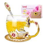 Homtibrm Birthday Gifts for Women Her Mom Teacher Friends Enamel Flower Tea Cup Glass Coffee Mug Gifts for Women Birthday,Mother's Day,Anniversary(330ML Gold)