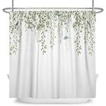 Bovlleetd Sage Green Leaves Shower Curtain Weeping Willows Hummingbird Birds White Background Bathroom Curtain 60"x72" Waterproof Polyester Fabric Set 10 Holes