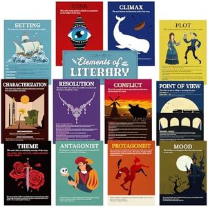 Outus 13 Pcs Elements of English Language and Literature Posters Literary Classroom Posters Decor Vintage English Teacher's Posters Literature Educational Posters for Middle High School Read Supplies