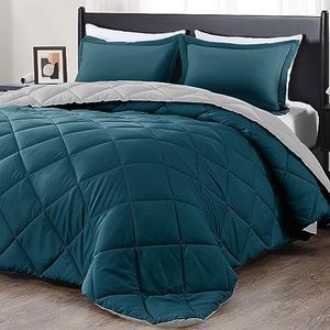 downluxe Lightweight Solid Comforter Set (Queen) with 2 Pillow Shams - 3-Piece Set - Green and Gray - Down Alternative Reversible Comforter