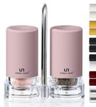 Signature Petal Pink Salt and Pepper Shakers with Holder - Elegant Stainless Steel Salt Shaker and Pepper Shaker Set with Acrylic Holder for Kitchen Counter or Restaurant Table (2-Piece Set)