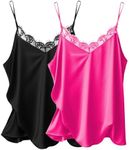 Ekouaer Women's 2 PCS Silk Satin Tank Top Lace Cami Spaghetti Strap Top V Neck Camisoles Black & Rose Red M