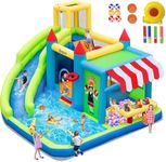 FBSPORT Inflatable Bounce House Water Slide,10 in 1 Kids Bouncy Castle with Toy Market Stand Splash Pool Bouncer Climbing Wall Water Gun Ball Dart, Climbling, 620W Blower for Outdoor Indoor Backyard