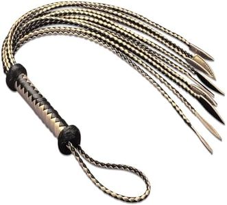 Handwoven Black & Gold Genuine Leather Cat-O'-Nine-Tails Whip | 60cm Total Length with Willow-Leaf Tail | 15cm Hangable Premium Equestrian Whip | Dual Use for Training & Collectors Games