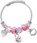 VICTLOV Silver Plated Charm friendship Bracelets for girls,Stainless Steel Bangle bracelets with jewelry box, Adjustable Girls Women Jewelry Suitable for holiday party gifts (Pink Inner Flower+Love)