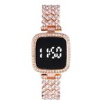 SWADESI STUFF Metal Rose Gold Led Digital Watch With Rhinestone Bracelet For Stylish Girls & Womens (Square Gold),Black Dial,Peach Band