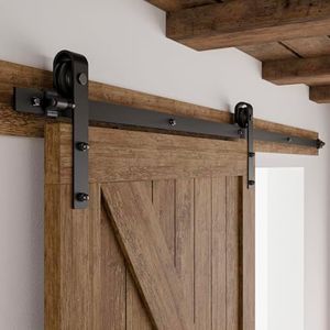 CCJH 9FT Single Sliding Barn Door Hardware Kit Black Basic Roller Carbon Steel Hanger Flat Track System for Closet Kitchen 1 Door 54 inch Wide