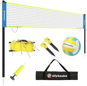 Olybeaka Portable Outdoor Volleyball Net with Iron Adjustable Height Poles, Professional Volleyball Net Set System 32ft with Scoring Clamps for Park, Beach, Lawn (Blue)