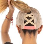 Funky Junque Criss Cross Hat Womens Baseball Cap Distressed Ponytail Messy Bun Trucker Ponycap, Beige Mesh - Coral (Distressed), One Size