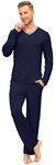 JINSHI Men's Pyjamas Set Long Sleeve V Neck Top & Pants Loungewear Sleepwear Nightwear PJ's Sets with Pockets Navy Size L