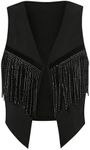 Verdusa Women's Rhinestone Fringe Crop Vest Sleeveless Open Front Cardigan Jacket Black Small