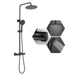 ROVATE Thermostatic Shower Faucet Set Matte Black, Anti Scald Rainfall Shower with 9.6-inch Shower Head, Bathroom Shower System with Brass Mixing Valve Faucet, Height Adjustable Shower Arm