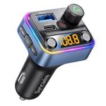 Syncwire Bluetooth 5.4 FM Transmitter Car Adapter 42W [Light Switch] [Stronger Dual Mics] [HiFi Bass] [Fast Charging] Wireless Radio Music Adapter LED Display Hands-Free Call Support USB Drive, Blue