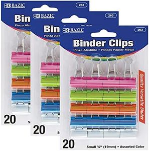 BAZIC Products Small Binder Clips - Assorted Color Paper Clamps, Metal Binder Clips for Paper, Classroom Use and Office Essentials, 20/Pack, 3-Packs