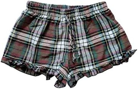 Cotton Plaid Adult Women Ruffle Trim Pajama Shorts Bottoms (XS, Green + Brown)