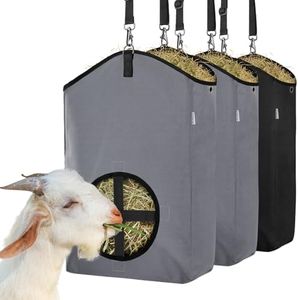 MIYABALA 3 Packs Goat Hay Feeder,Hay Bags for Goats,Horses,Sheep,Premium 600D Oxford Cloth,with Metal Fastener and Adjustable Open Feed Hole for Slow Feeding. (1 Black+2Grey)