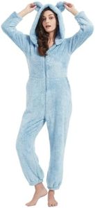 PEHMEA Women's Onesie Pajamas Sherpa Plush Hooded Romper Cozy Winter Sleepwear Holiday Party One Piece PJs for Adults, Teens(Blue-XL)