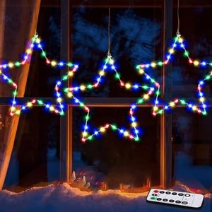 MAOYUE Window Lights 3 Pack Christmas Window Star Lights with Timer Battery Operated Christmas Decorations 8 Lighting Modes with 3 Remote Controls for Outdoor, Indoor, Porch, Party, Colorful