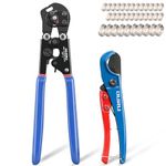 OURU 2 IN 1 Pex Crimping Tool Cinch and Remove Combo Function Pex Pipe Crimp Tool from 3/8" to 1" Pex Crimper with Pex Cutter and Stainless Steel Pex Clamps 1/2" 25PCS,3/4" 10PCS