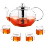 Glass Teapot Set, 40 oz /1200 ml Large Glass Tea Pot with 4 Glass Teacups, Glass Teapot with Removable Infuser, Stovetop Safe Tea Kettle for Blooming Tea & Loose Leaf Tea(Round)