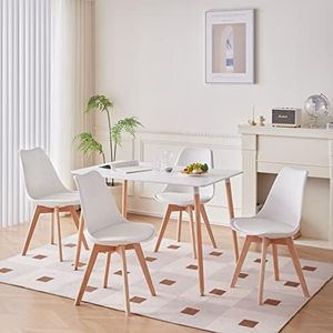 GrandCA HOME Mesa de Comedor y 4 Sillas de Comedor Juego de Comedor Moderno, Mesa de Cocina Rectángulo Estructura de Empalme Escritorio y Sillas de Cocina Blanco