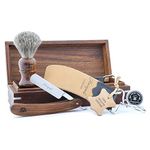 Haryali London Classic Collection Barber Salon Wooden Box Straight Cut Throat Wooden Shaving Razor, Wooden Black Badger Hair Shaving Brush, Leather Strop, Honing Paste. Set 5 Pc Luxury Shaving Kit