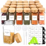 24 Pcs Glass Spice Jars with Bamboo Airtight Lids and Labels, 4oz Empty Square Containers Seasoning Storage Bottles - Shaker Lids, Funnel, Brush and Marker Included