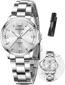 OLEVS Casual Silver Waterproof Stainless Steel Dress Analog Ladies Watches for Women Luxury Dainty Small Face Easy Read Date Quartz Luminous Womens Wrist Watches for Small Wrist