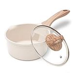 JEETEE 2.5 Quart/ 8 Inch Nonstick Sauce Pan with Lid, Granite Stone Coating Saucepan with Pour Spout, Small Soup Pot Milk Pan Induction Compatible, PFOA Free (Beige)