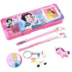 ZAYDANIC Disney Princess Pencil Box Integrated Sharpener and Calculator, Magnetic Lock, Dual Compartments, Cartoon Stationery Case School Kit for Girls, Kids, Students Combo Set of 5in1