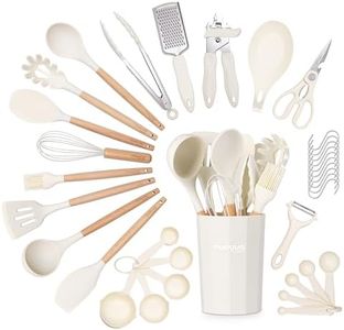 Set di utensili da cucina antiaderenti, in silicone resistente al calore, con manico in legno, mestoli, cucchiai e spatole, utensili da cucina e accessori, 35 pezzi, color crema Nuovva
