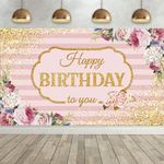 Floral Happy Birthday Backdrop Extra Large Pink Stripes Rose Flowers Glitter Gold Dots Birthday Banner Photography Background for Girl Woman Sweet Birthday Party Decoration, 72.8 x 43.3 inches