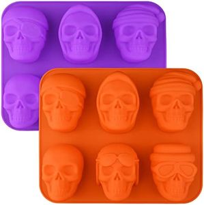 Sakolla Large Skull Cake Pan Silicone, 2 Pack 6 Cavity Non-Stick Halloween Cakelet Baking Molds