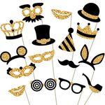 Gold Photo Booth Props - Fully Assembled, No DIY Required - Mix of Hats, Lips, Mustaches, Crowns and More (16 pcs) - Durable and Vibrant - Perfect for Birthday Parties, and More