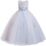 Little Big Girl Flower Tulle Dress Princess Pageant Birthday Party Wedding Formal Floor Long Dance Evening Maxi Gown, White Blue, 3-4 Years