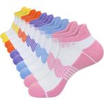 KOOOGEAR Running Athletic Socks Womens Ladies,5 Pairs Cotton Trainer Ankle Socks With Arch Support White Black Low Cut Wicking Breathable Cushioned Trainer Socks (Pink/Blue/Purple/Orange/Yello)