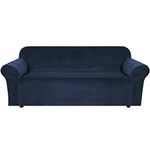 Thick Velvet Stretch Sofa Covers 3 Seater Couch Covers for Living Room Sofa Slipcovers Furniture Covers with Elastic Bottom, Soft Thick Fabric Washable (Sofa 3 Seater, Navy) 72 inch -90 inch