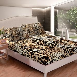 Feelyou Leopard Print Fitted Sheet Safari Cheetah Print Bedding Set for Kids Girls Women Ultra Soft Wild Animal Theme Bed Sheet Set Wildlife Style Decor 3Pcs Queen Size Bed Cover