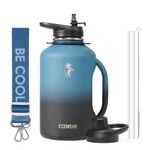 Half Gallon Water Bottle with Handle, Coolflask 64 oz Insulated Stainless Steel Water Jug Metal Double-Walled Vacuum Large Flask with Strap Straw Leakproof, Keep Cold 48 Hrs Hot 24hrs